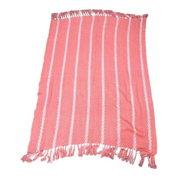 Max Studio Home Coral & White Striped Throw Blanket With Fringe 47.5" X 66.5" - Picture 4 of 5